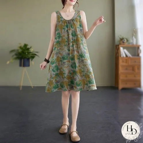 Women Summer Retro Print Loose Sleeveless Dress