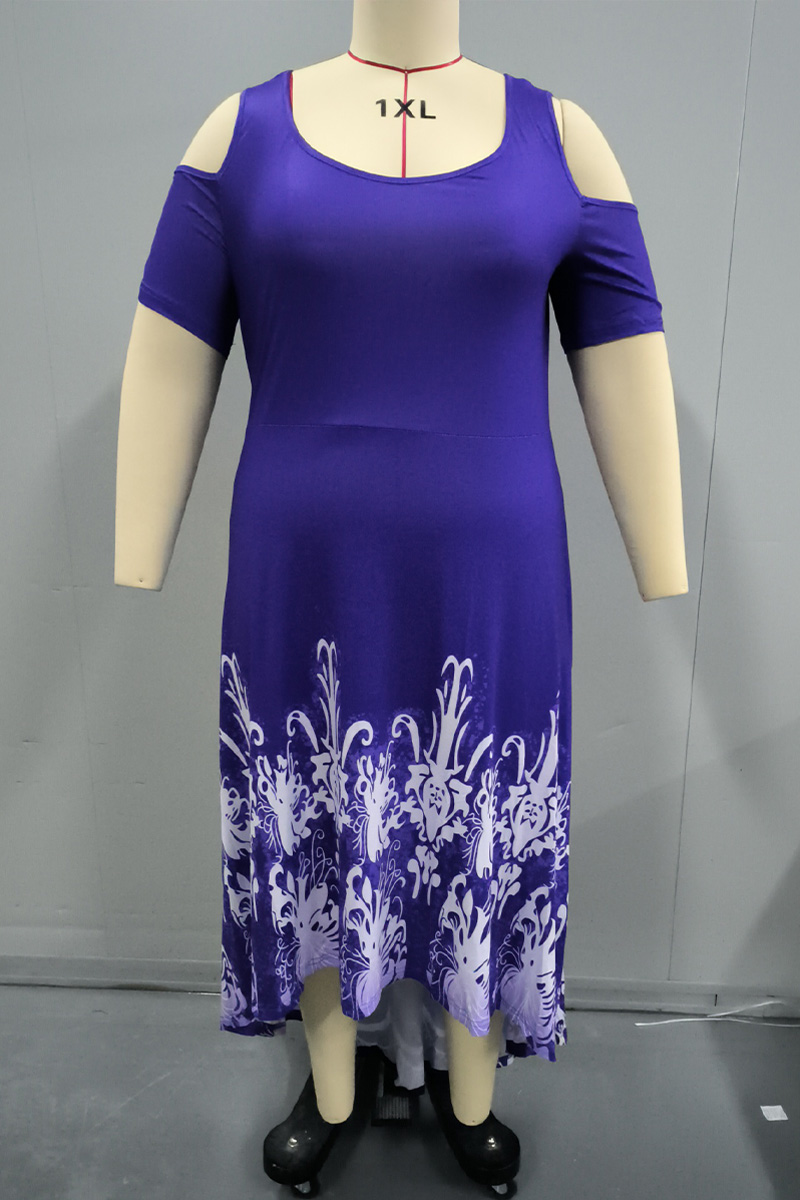 Plus Size Cold Shoulder Floral Print High Low Hem Maxi Dress 2024 - Flycurvy 