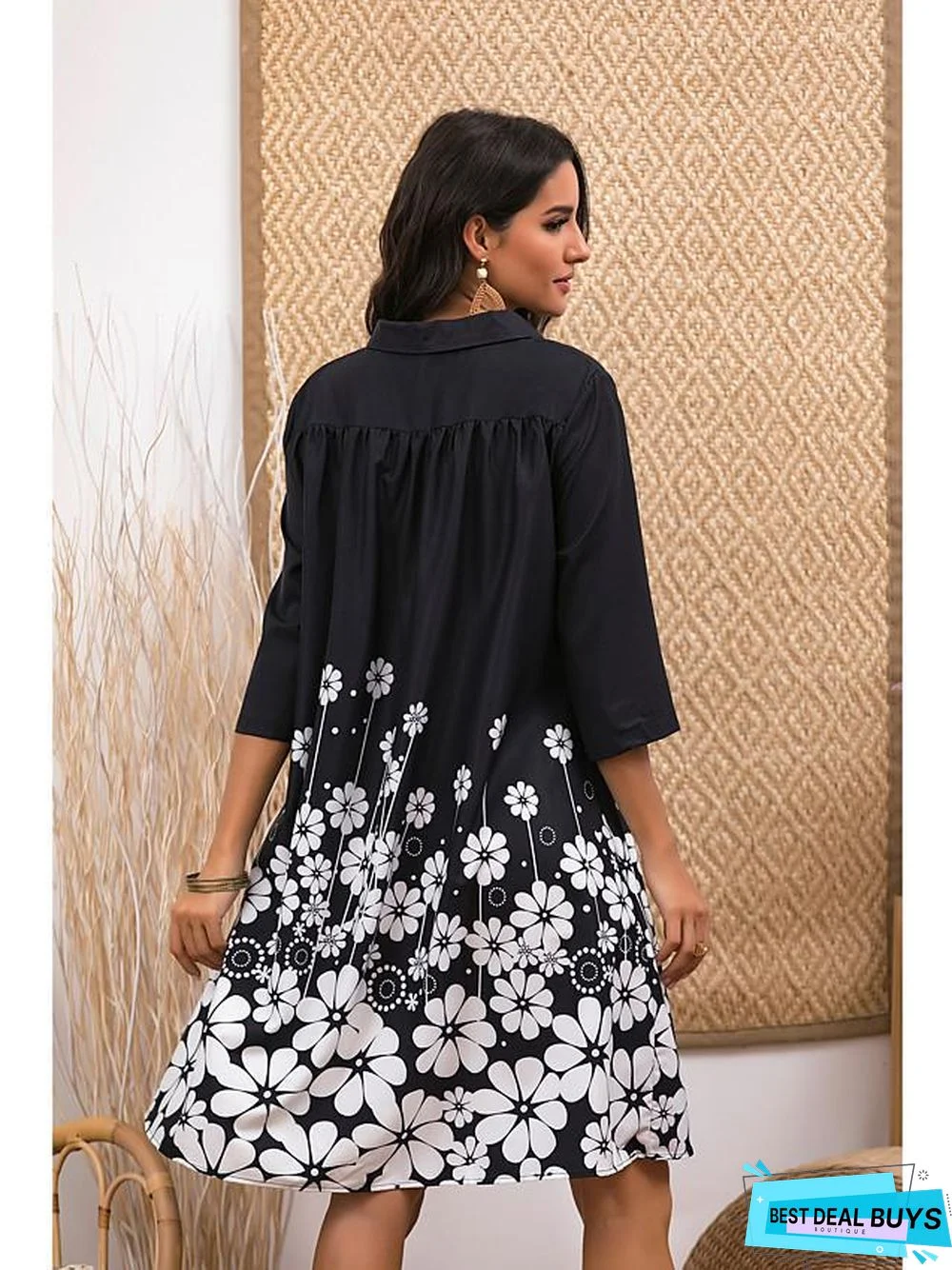 Women's Shift Dress Short Mini Dress - Half Sleeve Black & White Floral Print Summer V Neck Casual Black Black Dresses