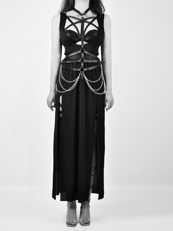 Gothic Dark See Through Slit Bandaged Chains Dress