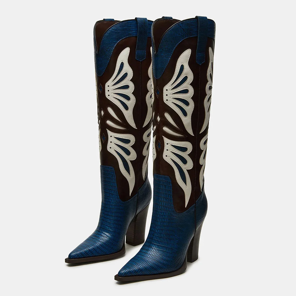 Blue Chunky Heel Butterfly Inlay Pointed Toe Western Boots for Women