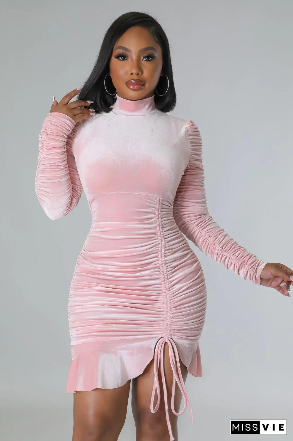 Long Sleeve Drawstring Ruched Winter Dress