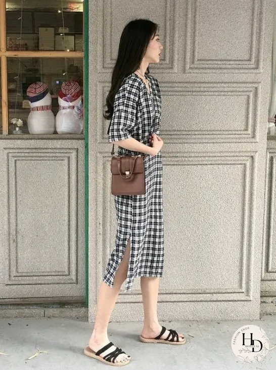 Checked linen cotton dress for Women
