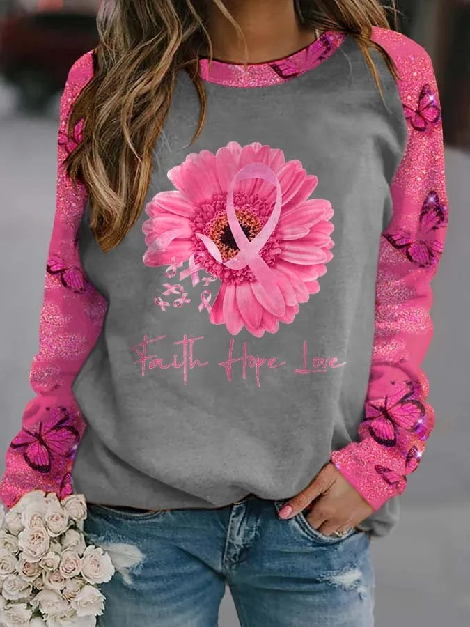Women's Pink Breast Cancer Print Long Sleeve Crewneck Sweatshirt socialshop
