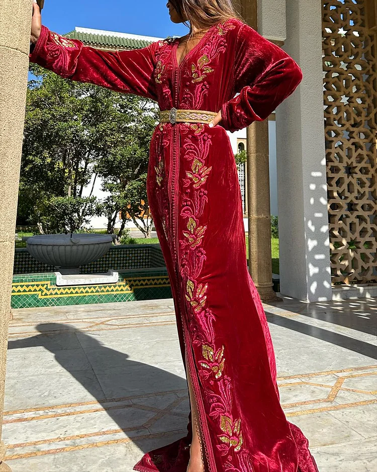 Women's V Neck Embroidered Moroccan Dress