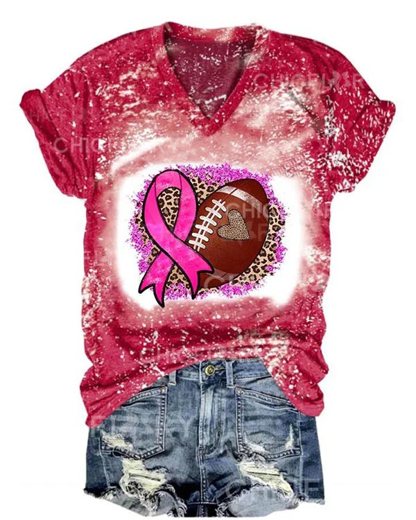Women Football Leopard Breast Cancer Awareness Print Casual T-Shirt
