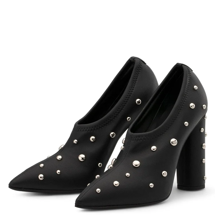 Women's Black Pointy Toe Studs Shoes Chunky Heels Pumps |FSJ Shoes