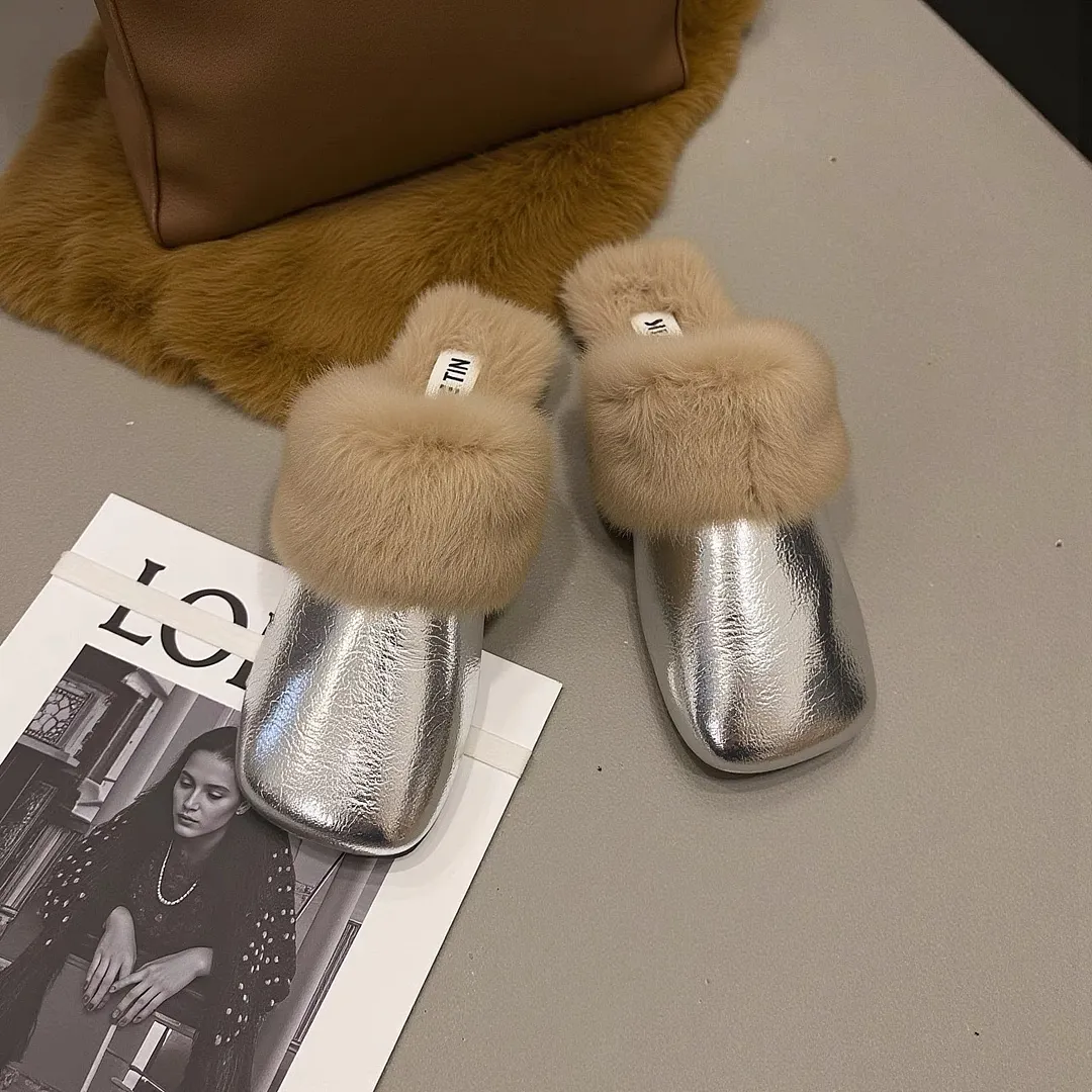 Breakj Breakj Wool Head Half Slippers Women Wear Plus Plus Velvet 2025 New Autumn And Winter Square Head Muller Plush Warm Cotton Drag