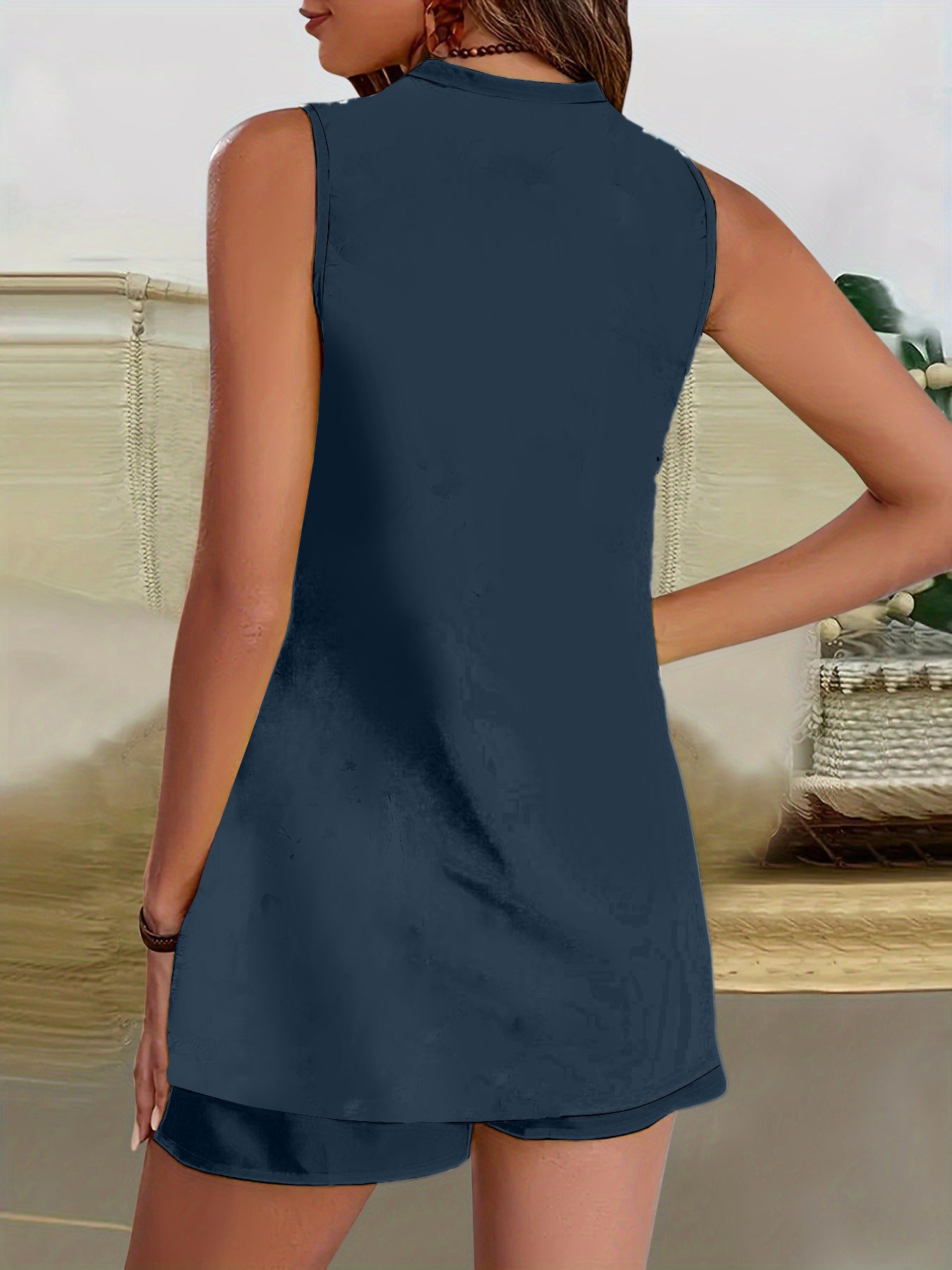 Women's Floral, Blue, Patchwork  2 Piece Outfits Set Summer  Sleeveless Top Vest and Shorts   James Yang