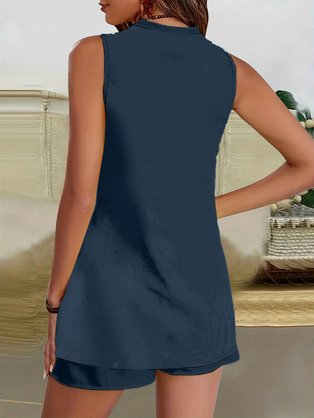 Women's Floral, Blue, Patchwork  2 Piece Outfits Set Summer  Sleeveless Top Vest and Shorts   James Yang