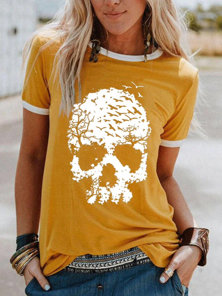 Skull Print Short Sleeve Color Block Halloween T-shirt