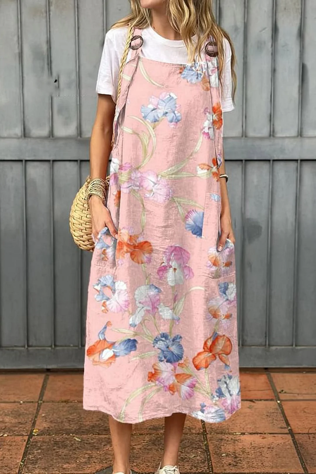 Women's Vintage Flower Art Print Cotton Pocket Suspender Dress