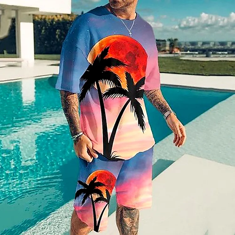 BrosWear Sunset Coconut Tree Print T-Shirt And Shorts Co-Ord