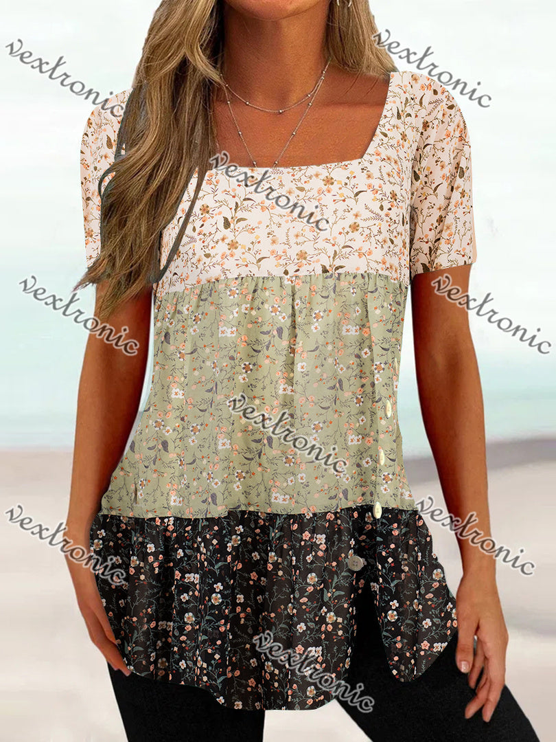 Women's Short Sleeve U-neck Floral Printed Colorblock Button Top