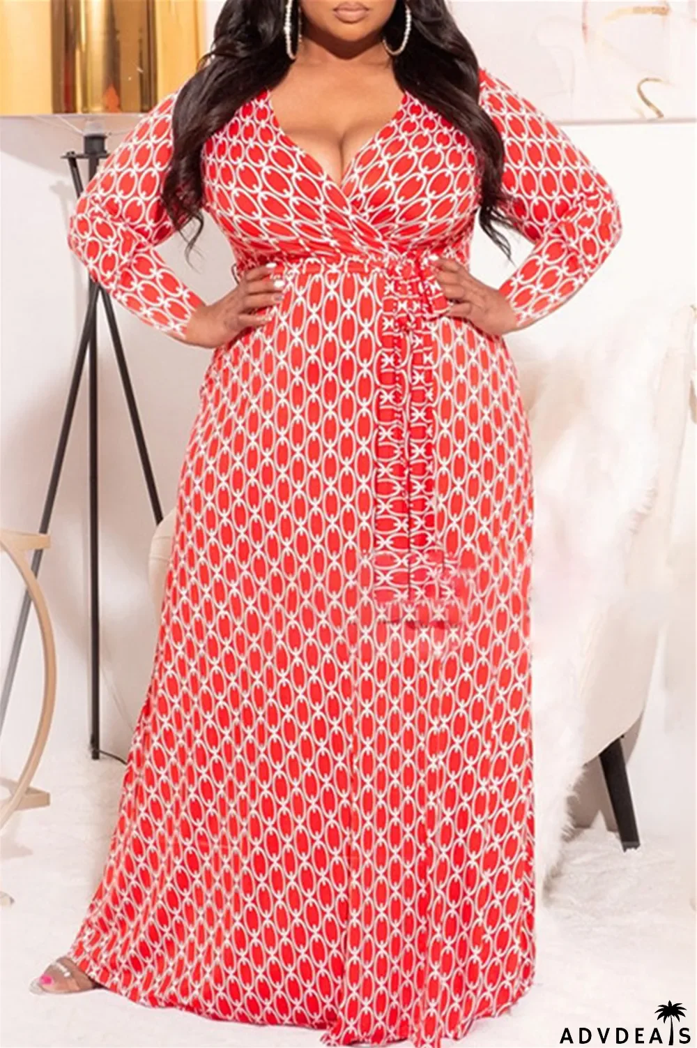 Leopard Print Fashion Casual Plus Size Print With Belt V Neck Long Sleeve Dresses
