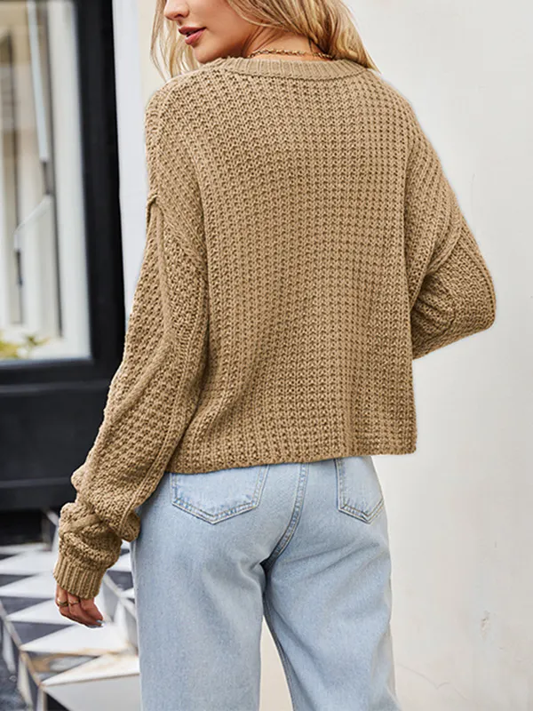 Long Sleeves Loose Solid Color Split-Joint Round-Neck Sweater Tops