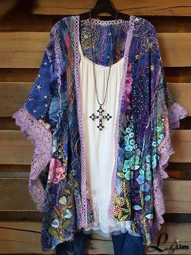 Womens Plus Size Coats - Floral Outdoor Holiday Half-Sleeve Open Front Regular Winter Fall