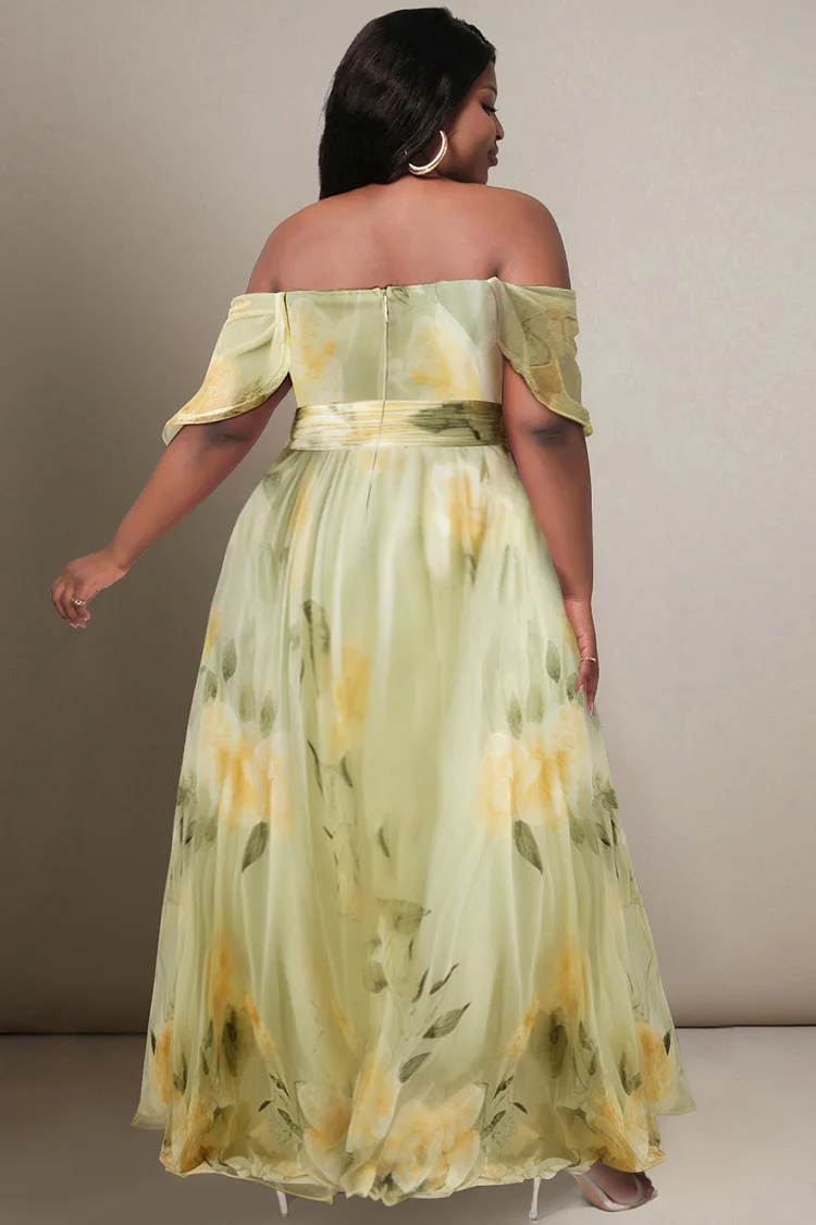 Xpluswear Design Plus Size Wedding Guest Sage Green Floral Off The Shoulder Sundress Short Sleeve Chiffon Maxi Dresses