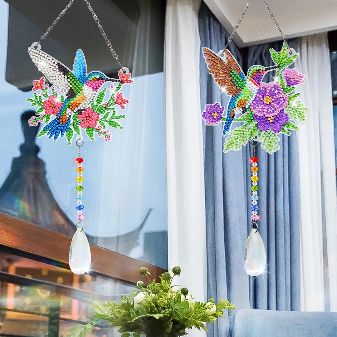 2Pcs Garden Hummingbird DIY Double-Sided Diamond Painting Hanging Kits Diamond Painting Suncatcher Craft Kit for Home Garden Wall Decor Gift