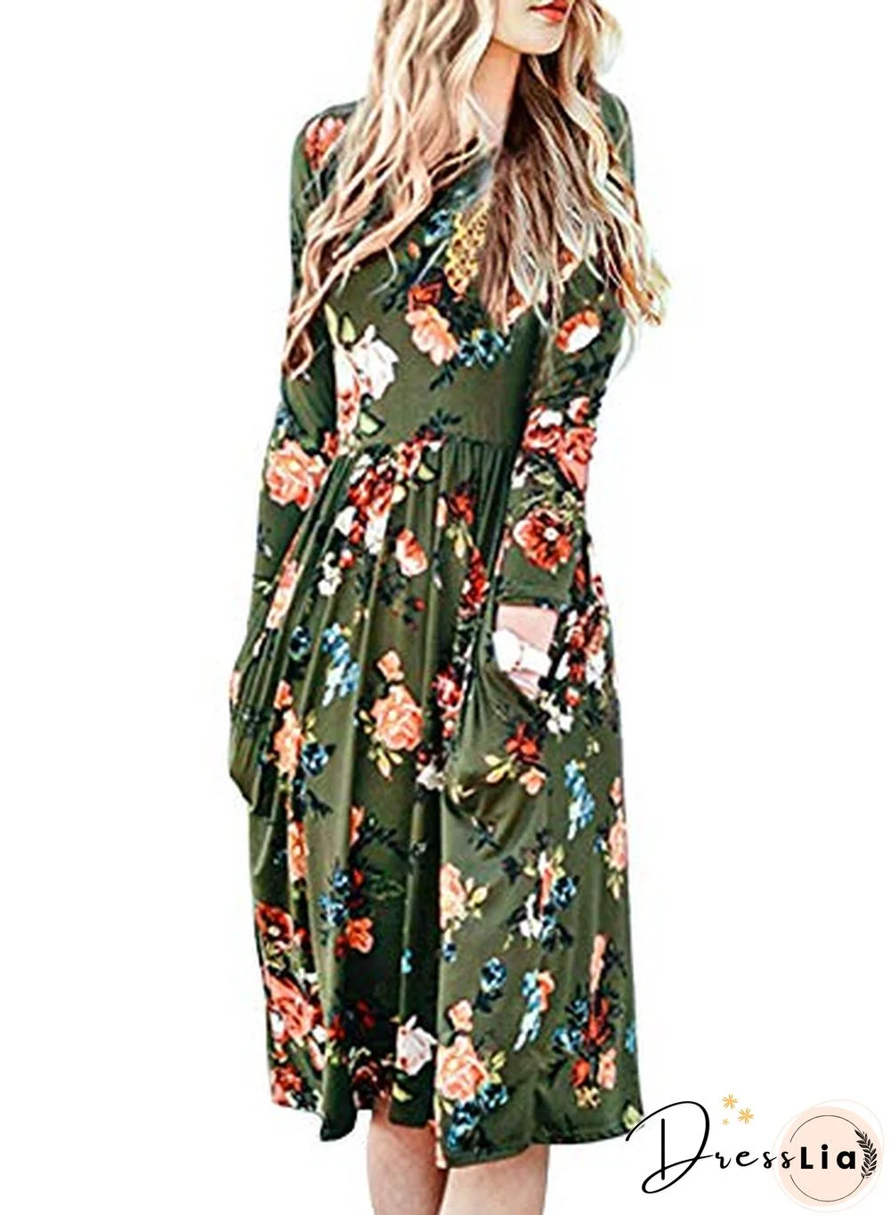 Casual Round Neck Elastic High Waist Floral Midi Dress