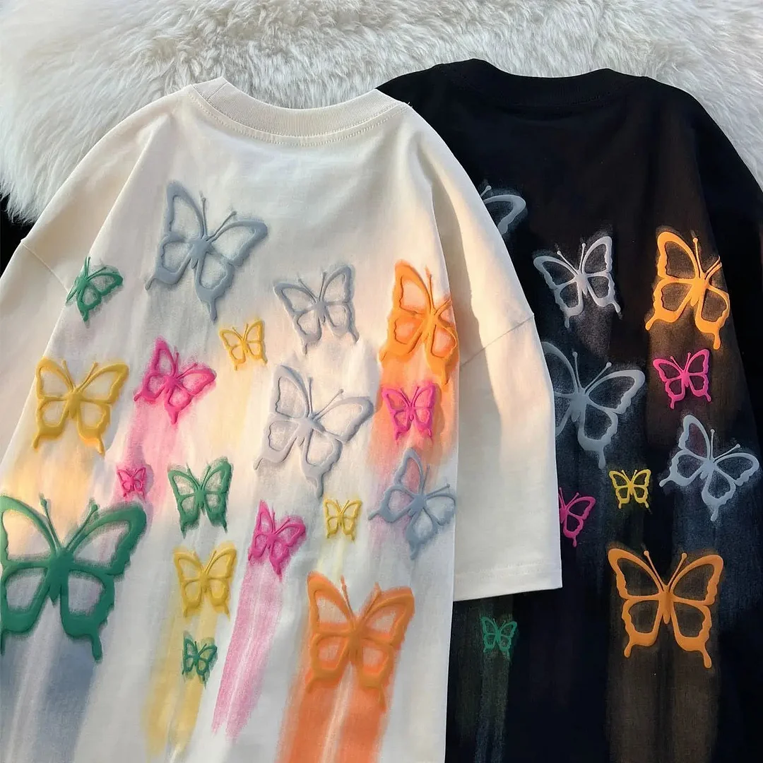 Tlbang Trailing Colors Butterfly Y2K Top Goth Graphic T Shirts Streetwear Hip Hop Unisex Oversized Kawaii Tee Summer Cotton Casual