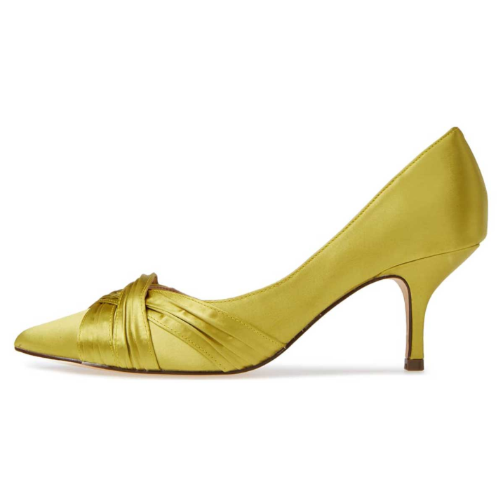 Yellow Satin Pointed Toe Slip-On Pleated Strap Kitten Heel Pumps |FSJ Shoes