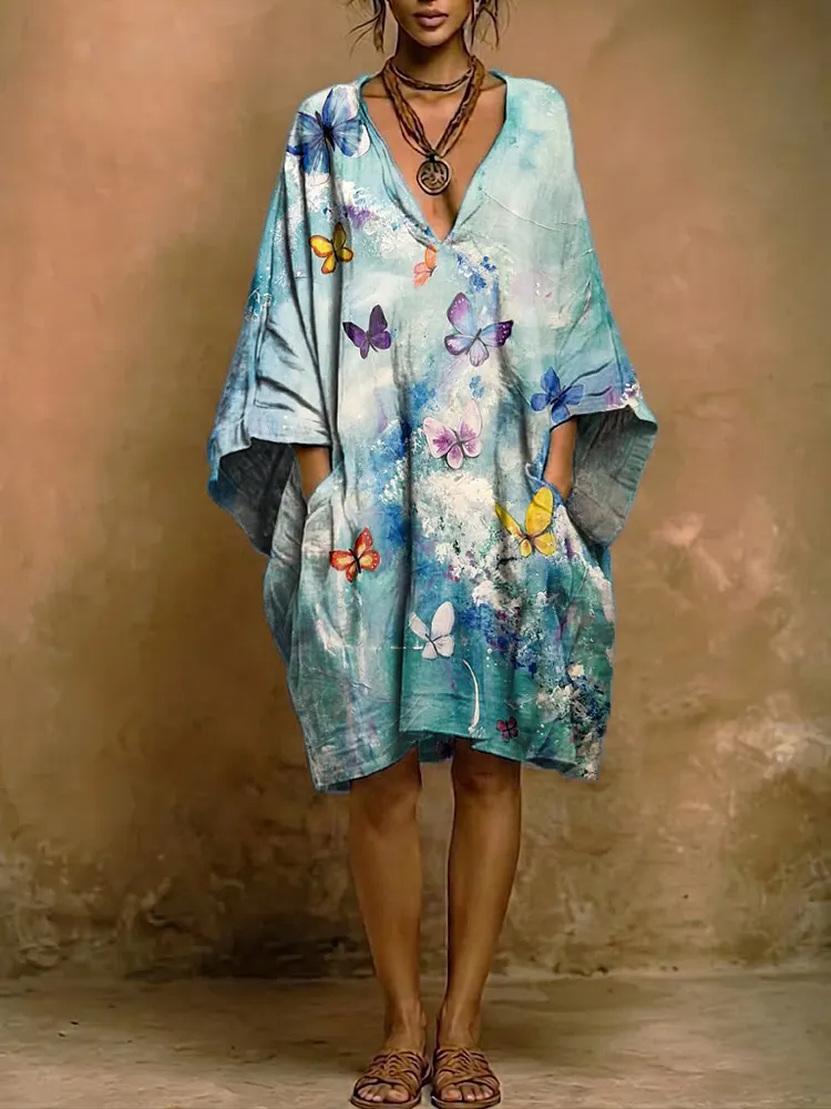 Retro Watercolor Butterfly Print Loose Cotton-linen V-neck Dress