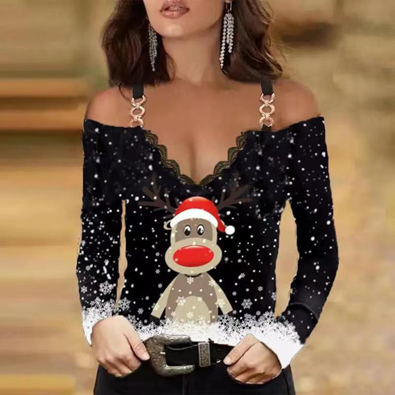 wearshes Off Shoulder Christmas Printed Long Sleeve T-Shirt