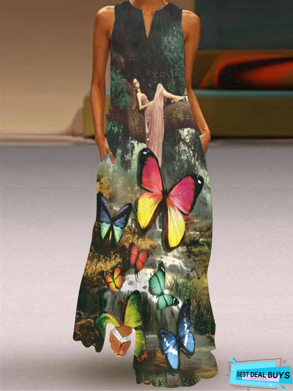 Women's Vintage Printed Long Skirt V-Neck Sleeveless Summer Dress