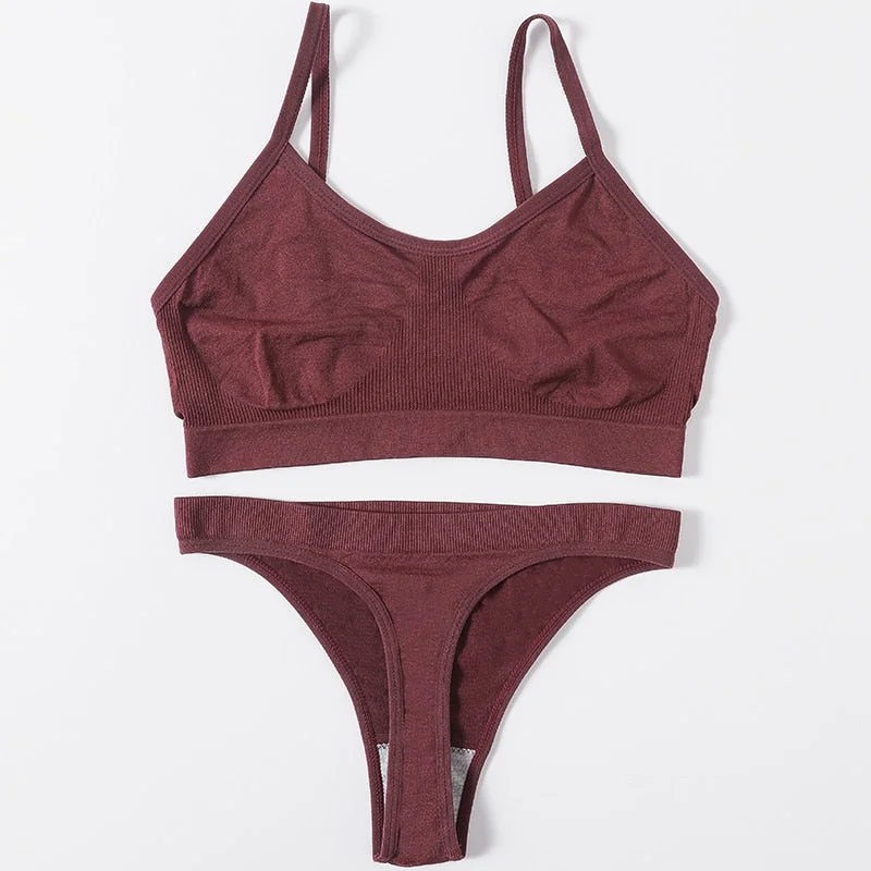 Women Seamless Bra Set Female Underwear Set Low Waist Thong Panties Comfort Bra Bralette Sexy Lingerie Brassiere Ribbed Top Suit
