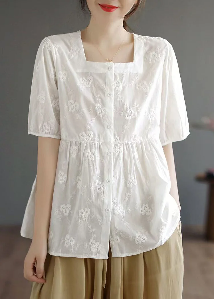 DIY Apricot Square Collar Embroidered Cotton Tops Summer