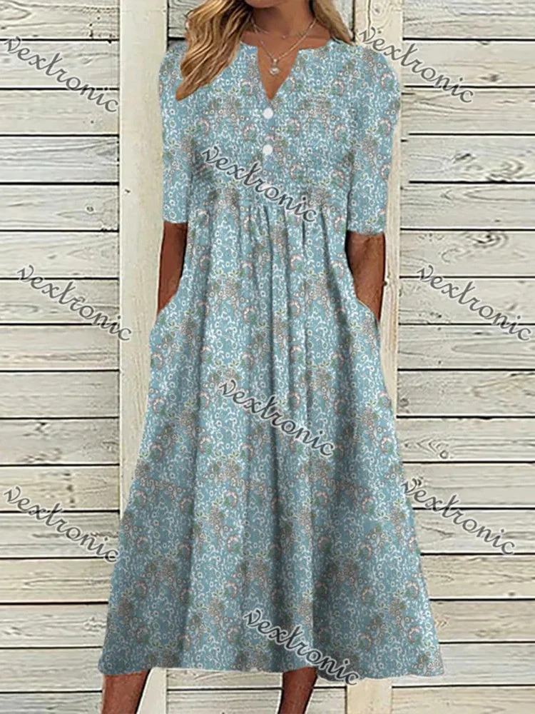 Women's Blue V-neck Half Sleeve Graphic Midi Dress