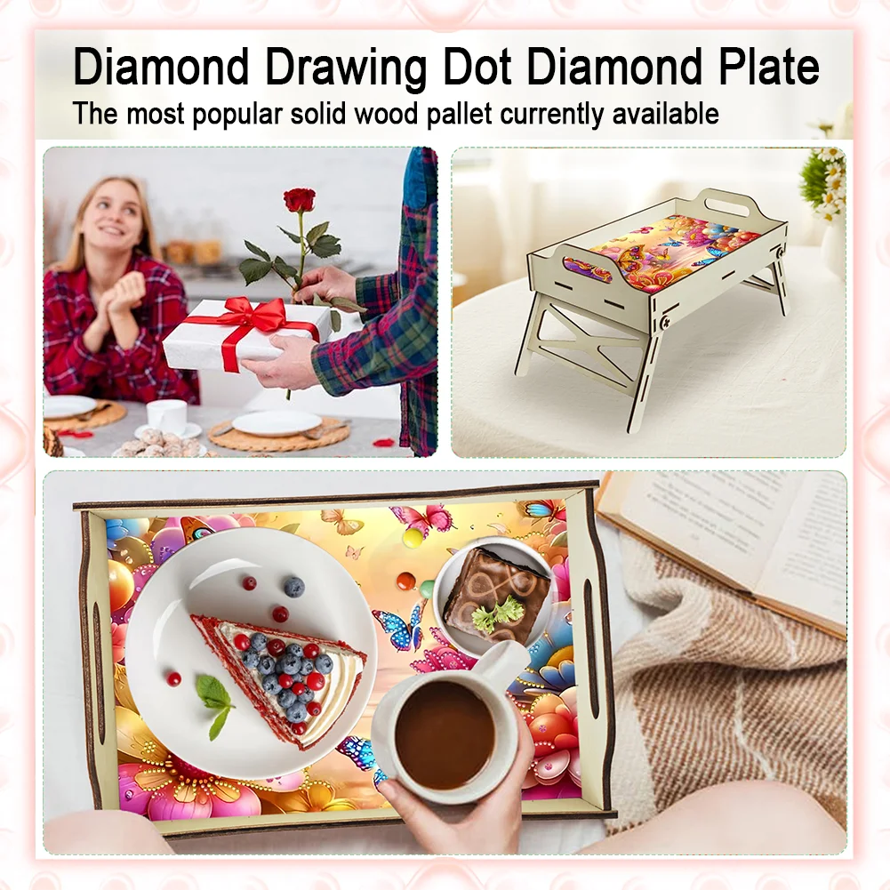 DIY Diamond Painted Dining Plate with Handle Wooden Food Tray Home Decor Gift