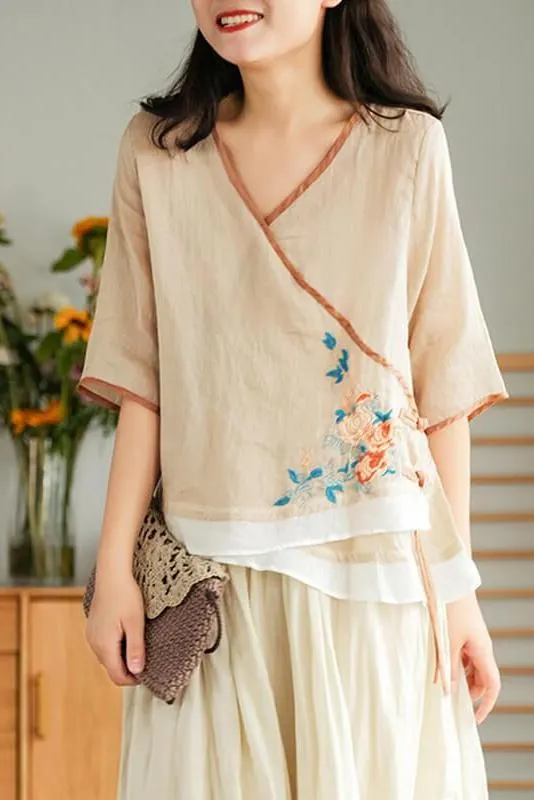 Women Vintage Autumn Pure Color O Neck Ramie Shirt