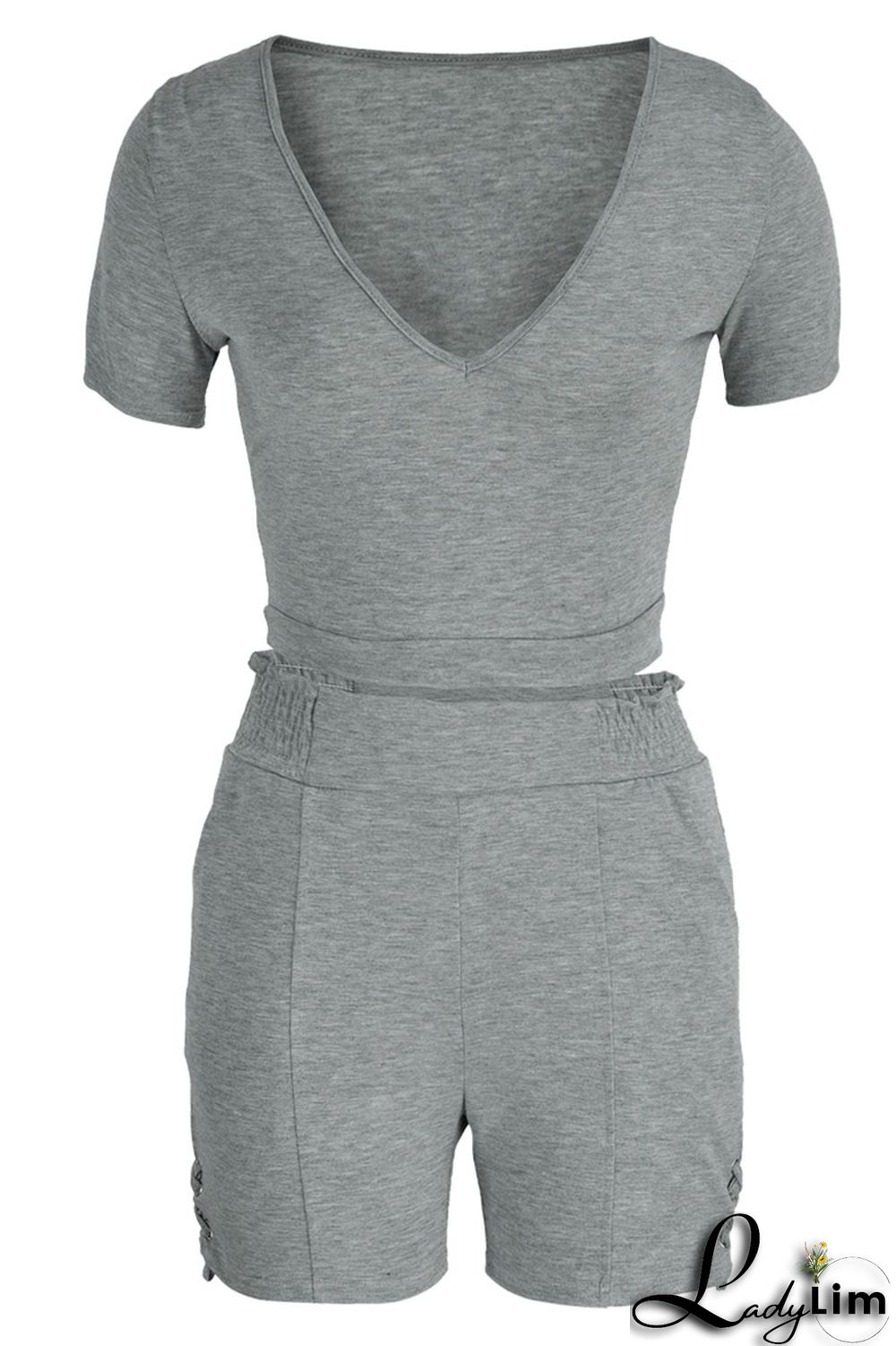 Black Fashion Casual Solid Bandage V Neck Short Sleeve Two Pieces