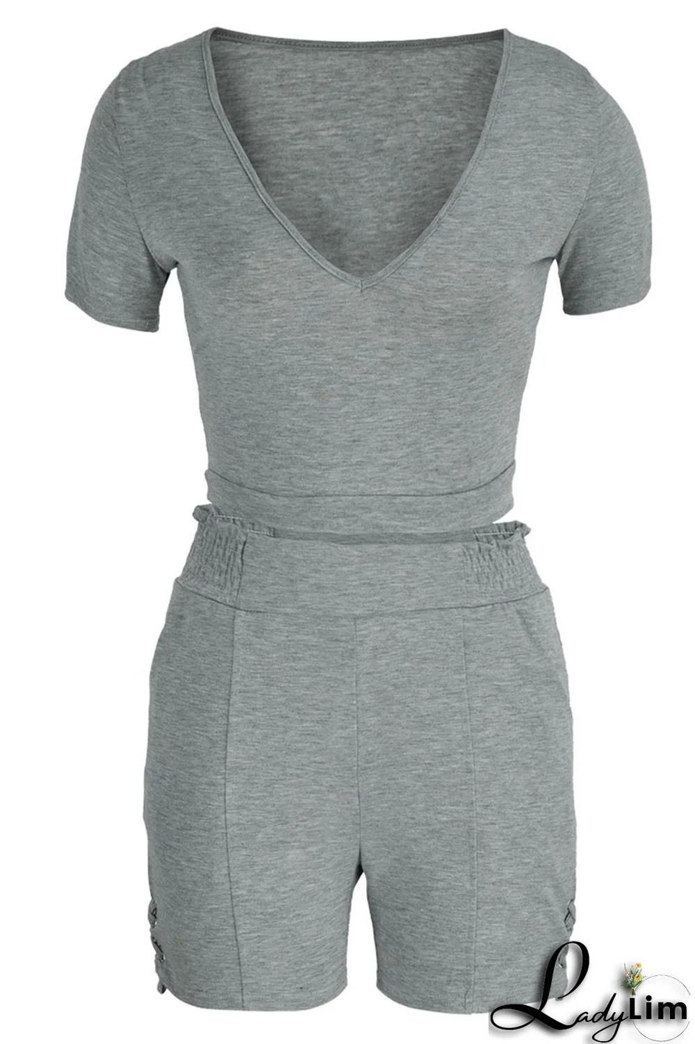 Black Fashion Casual Solid Bandage V Neck Short Sleeve Two Pieces