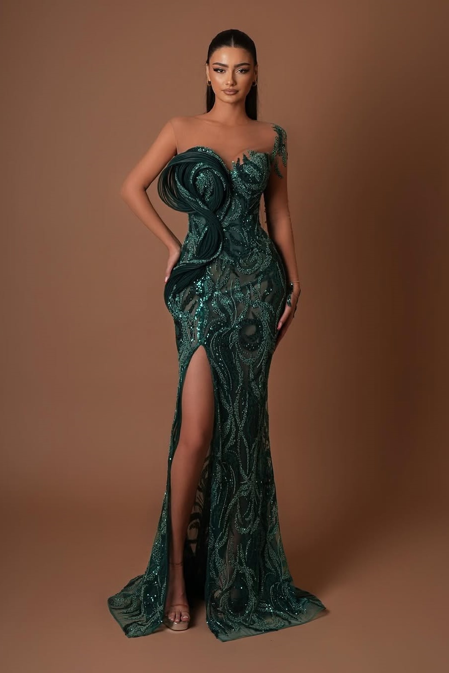 Ovlias Glitter Dark Green Asymmetric Sequins Split Couture Prom Dress LY0459