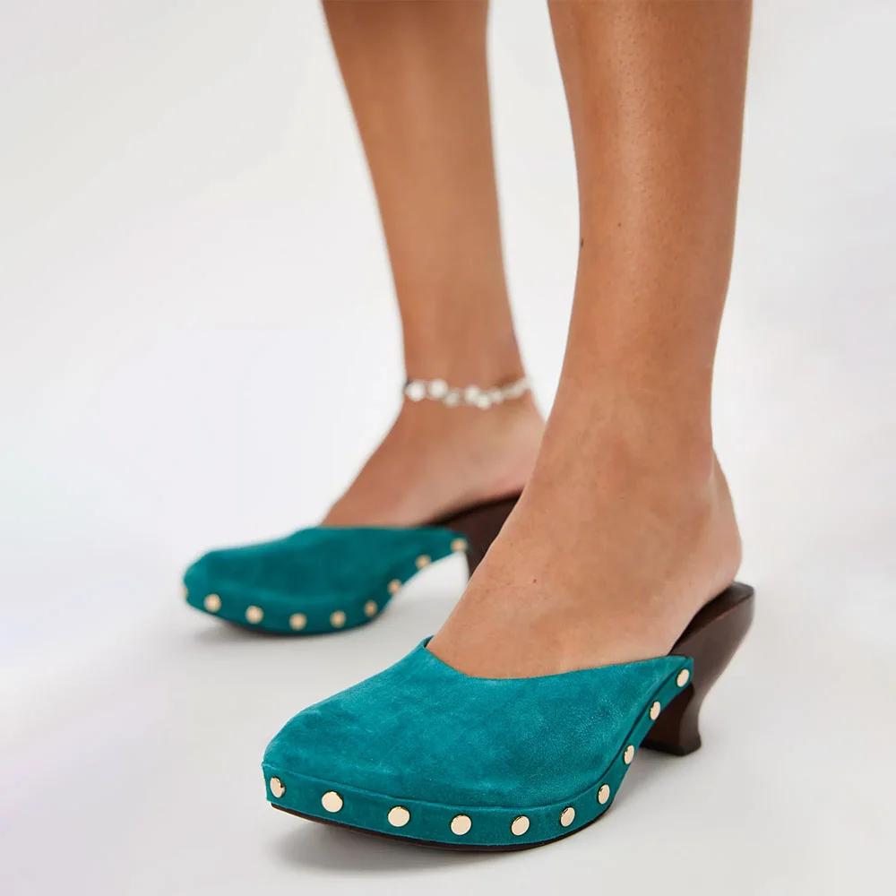 Vegan Leather Round Toe Studded Spool Heeled Mules in Teal