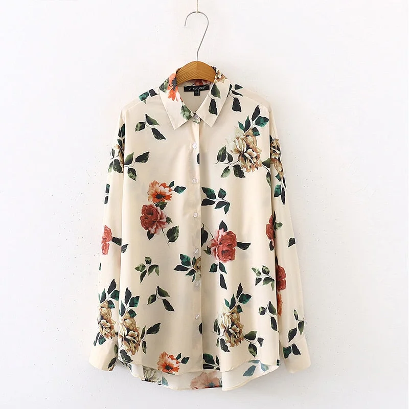 New Arrival Women Rose Floral Print Chiffon Blouse Long Sleeve Casual Oversize Shirt Women's Korean Style Tops Feminina Blusa T0