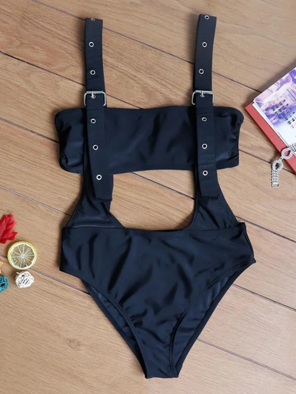 Solid Color Embellished Hollow One-Piece Swimwear 