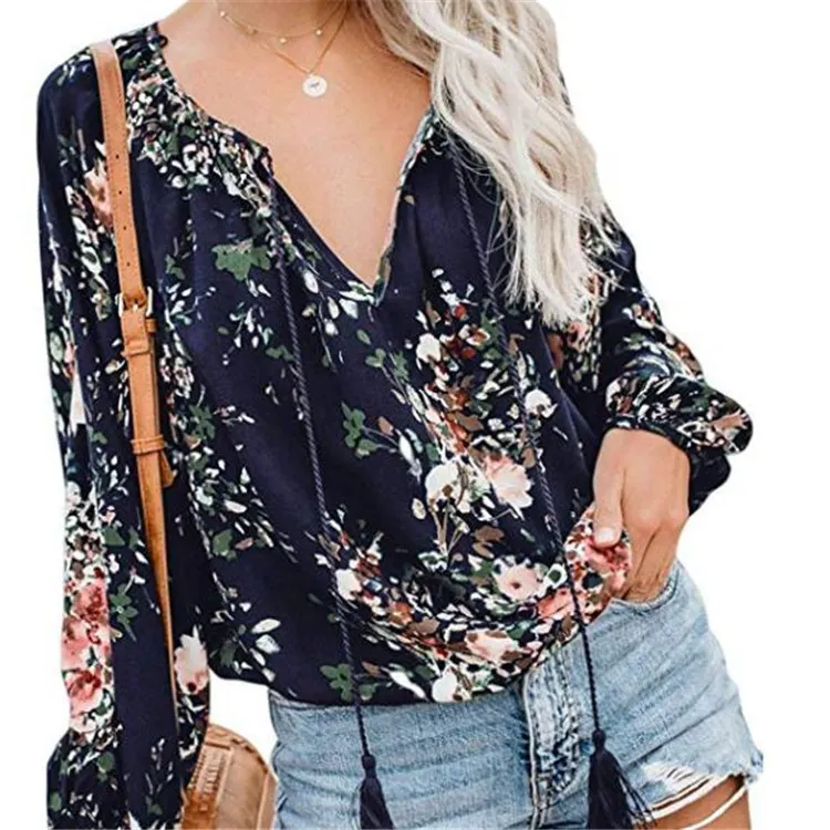 Churchf Churchf Autumn Floral Print Big V-Neck Long Sleeve Shirt Loose Rope Shirt Jacket Female