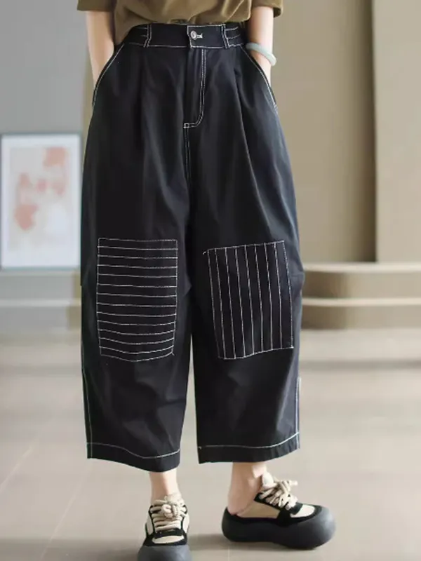 Retro Topstitching Design Cotton Elastic Waist Pant