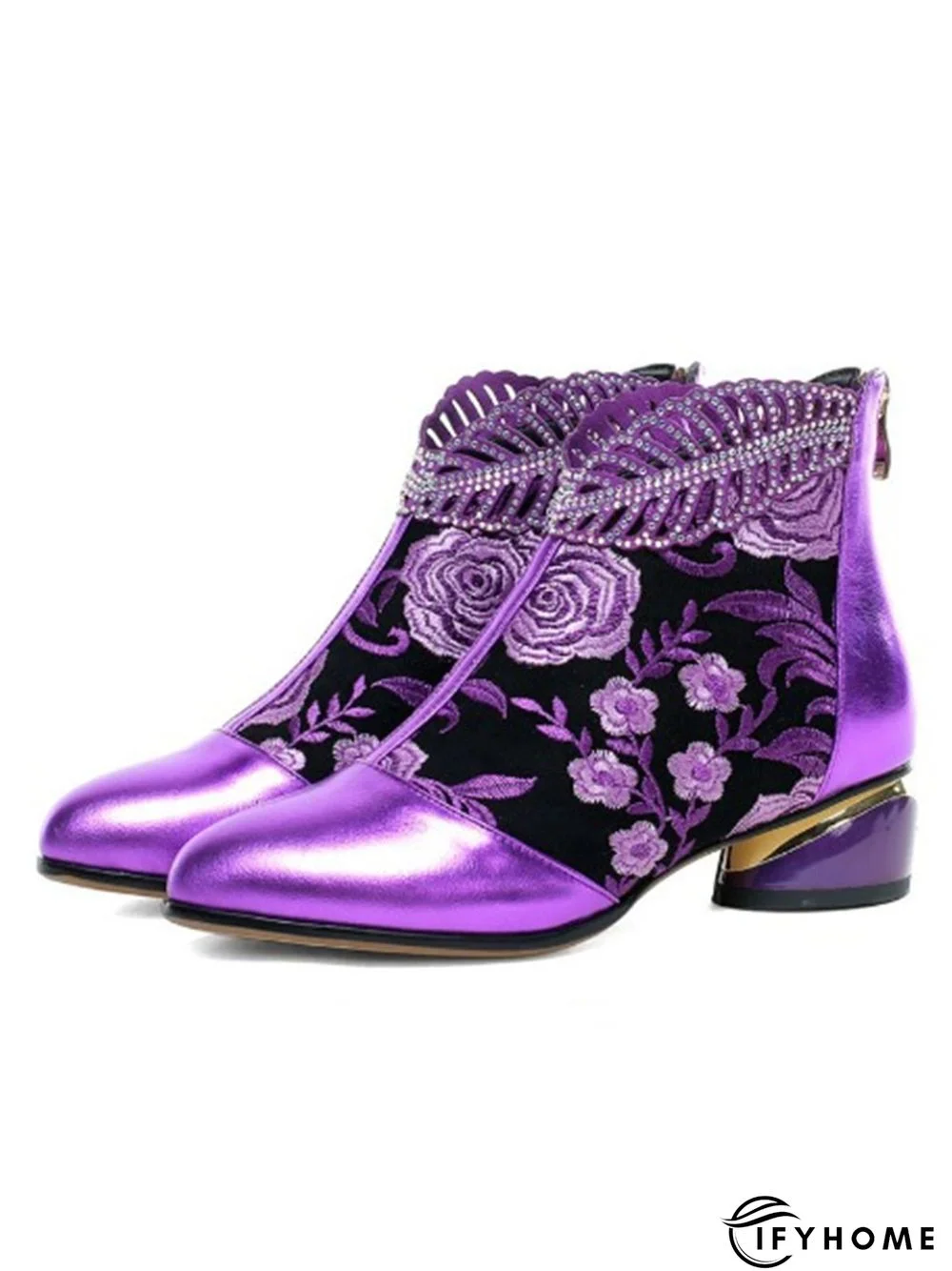 Retro Ethnic Embroidered Rhinestone Chunky Heel Zipper Boots | IFYHOME