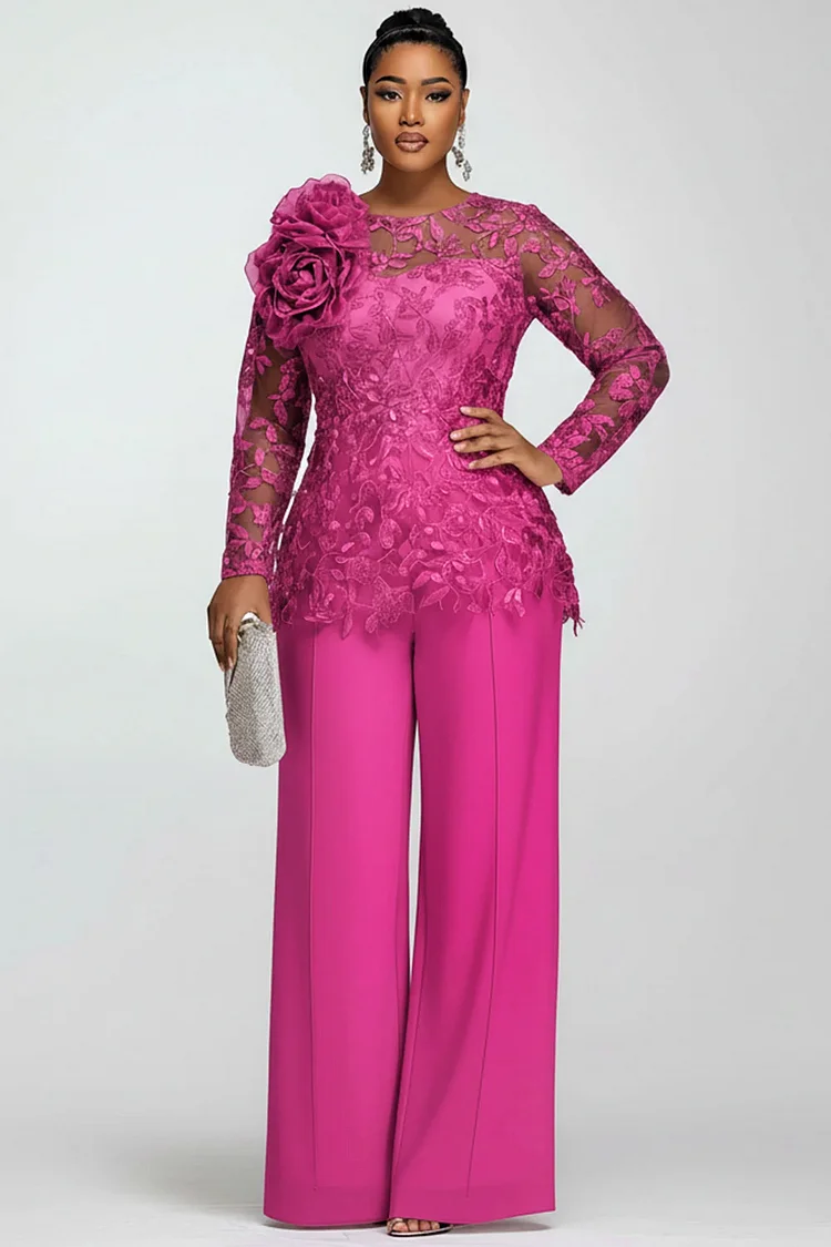 Xpluswear Design Plus Size Mother Of The Bride Chiffon Hot Pink Round Neck Long Sleeve 3D See Through Lace Two Piece Pant Suits 2024 - Xpluswear
