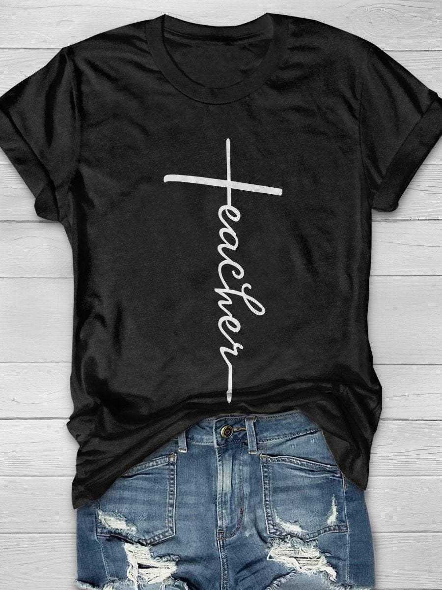 Teacher Cross Print Short Sleeve T-shirt