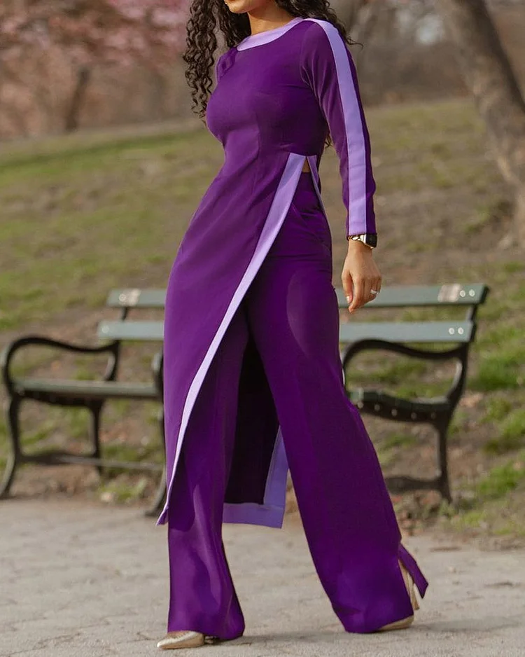 Stitched Solid Color Slit Long Top & Wide-leg Pants Two-piece Set