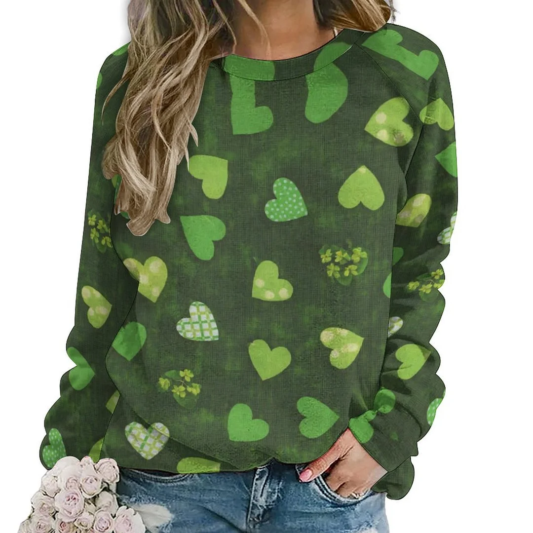 Printed Long Sleeve Casual Sweatshirt for  Women and Men Unisex Pattern St. Patrick's Day, Green, Clover, Lucky