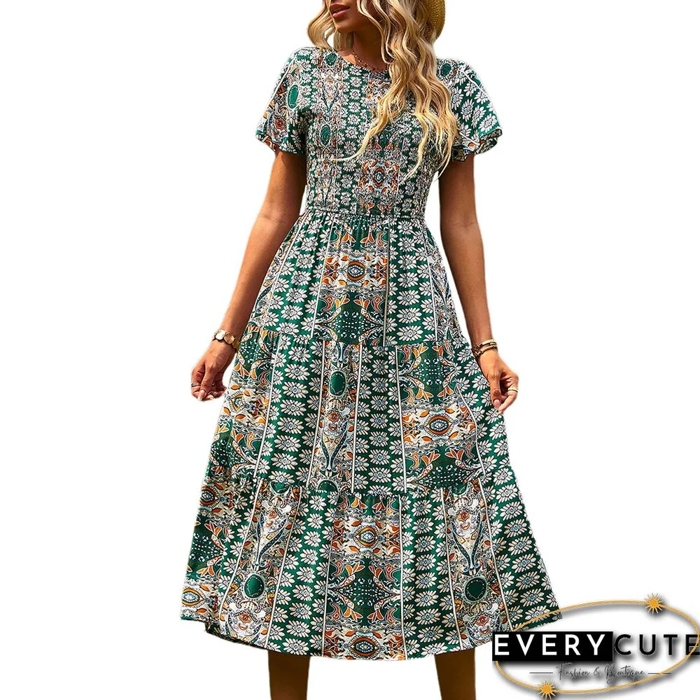 Green Bohemia Print Pleated Woven Casual Dress