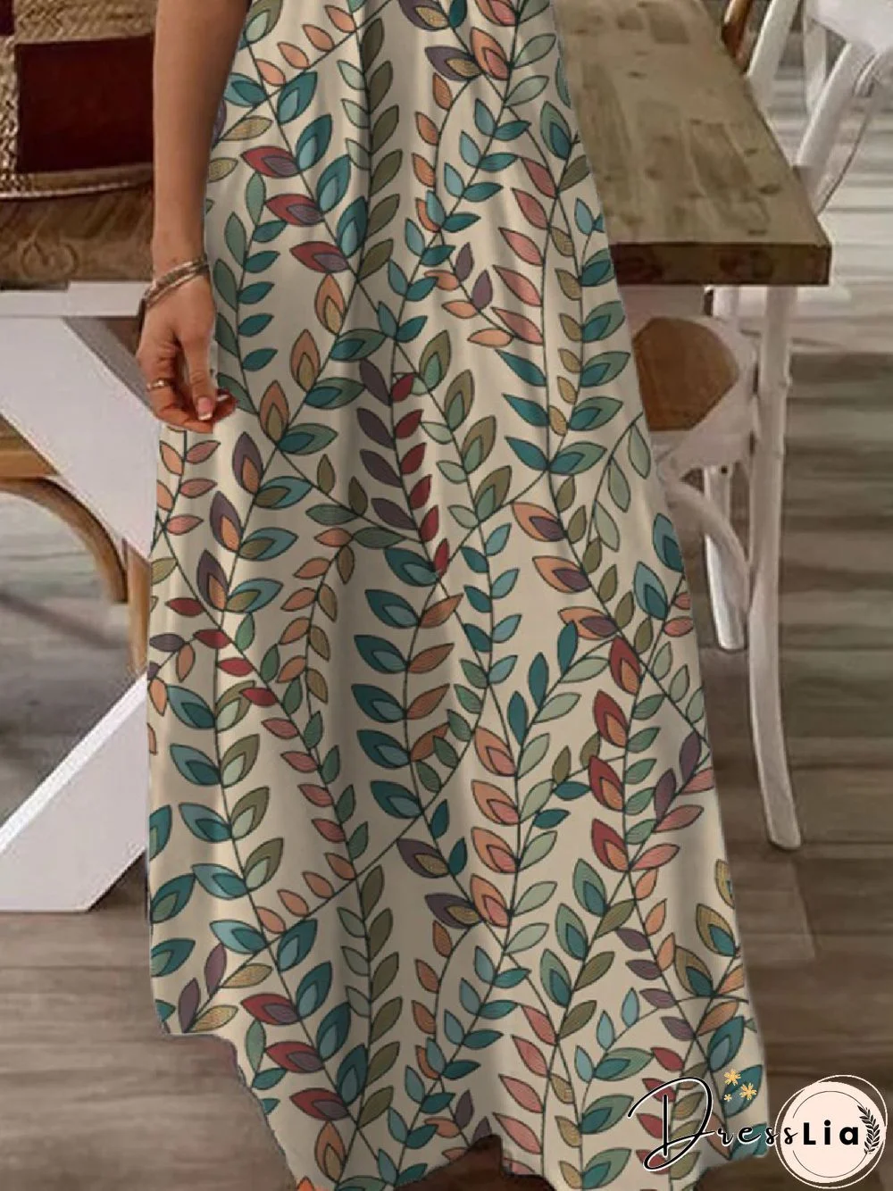 Casual Leaf Square neck Loose Short Sleeve Dresses