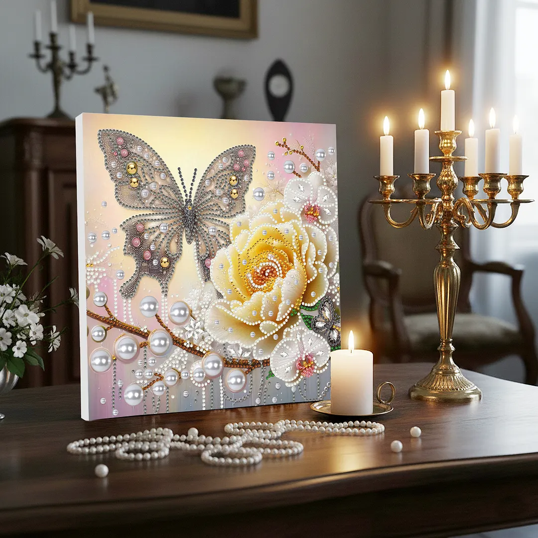 Yellow Butterfly DIY Special Shape Drill Diamond Art Pearl Painting Kit with Frame 25x25cm Art Craft Pearl Diamond Painting for Adults Beginners Home Decor